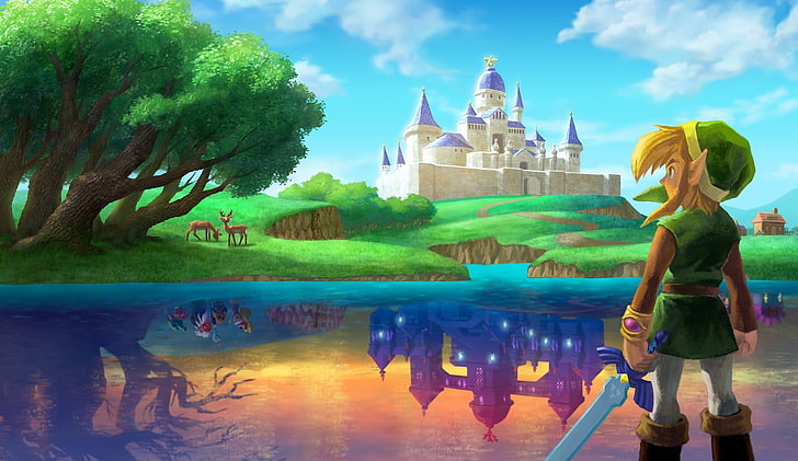 Pintura de Legend of Zelda, The Legend of Zelda: A Link Between Worlds, The Legend of Zelda, Link, videojuegos, reflexión, Master Sword, Fondo de pantalla HD