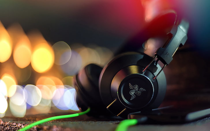 black Razer corded headphones, razer, adaro, headphones, stereo headphones, glare, HD wallpaper