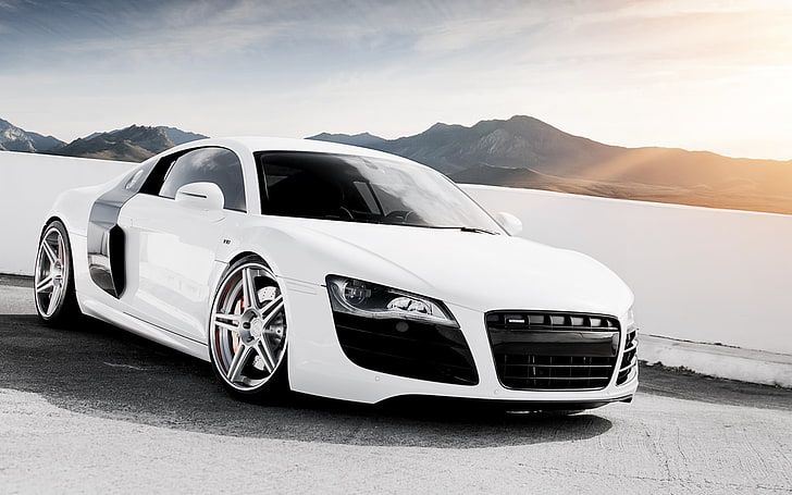 white Audi R8 coupe, white, the sky, mountains, Audi, tuning, supercar, drives, the front, V10, B10, HD wallpaper