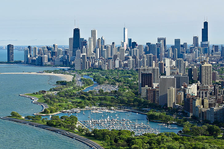 Chicago, Wolkenkratzer, Ansicht von oben, Meer, Chicago, Wolkenkratzer, Ansicht von oben, Meer, HD-Hintergrundbild
