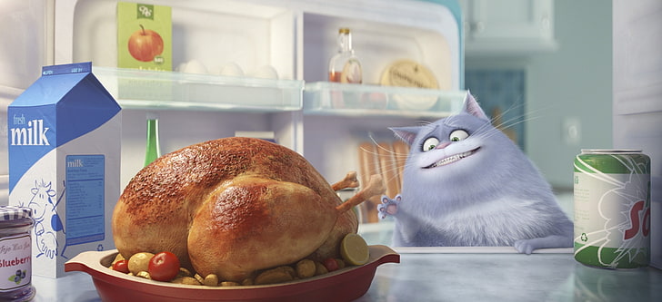 gray cat illustration, apple, cinema, nothing, cat, cartoon, movie, animal, film, milk, pet, drawing, adventure, cow, kitchen, Chloe, official wallpaper, tomato, comedy, hunger, Universal Pictures, family, chicken, refrigerator, graphic animation, Illumination Entertainment, The Secret Life of Pets, treats, Lake Bell, roast chicken, HD wallpaper