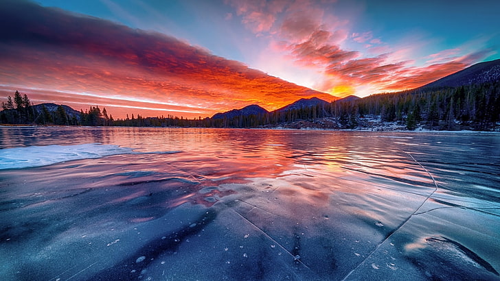 зима, природа, небо, лед, мороз, озеро, озеро, замороженные, отражение, закат, закат, сумерки, вечер, замерзшее озеро, HD обои