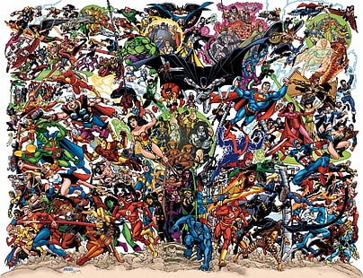 Марвел Мстители Бесконечность, Комиксы, Коллаж, Бэтмен, Капитан Америка, Огненный шторм (Комиксы), Флэш, Зеленый Фонарь, Ястребиный сок, Хокман, Халк, Железный человек, Марсианский охотник, Пластиковый человек, Силовая девушка, Красный Торнадо, Алая ведьма, Шазам (округ Колумбия)Комиксы), She-Hulk, Человек-паук, Тор, Оса (Marvel Comics), Чудо-Женщина, HD обои HD wallpaper