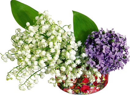 fioletowe hortensje i białe kwiaty konwalii, konwalie, kwiaty, bukiet, wazon, Tapety HD HD wallpaper