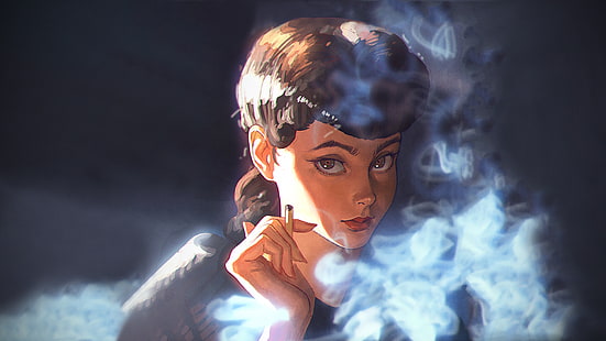 illustration de femme qui fume une cigarette, Blade Runner, femmes, fille fantastique, Ilya Kuvshinov, personnages de film, Fond d'écran HD HD wallpaper