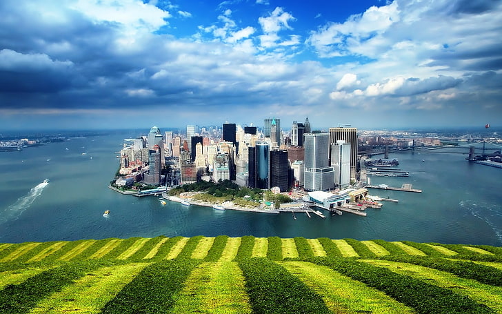 природа, пейзаж, архитектура, городской пейзаж, здание, море, трава, облака, манхэттен, нью-йорк, небо, горизонт, HD обои