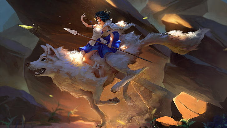 female game character riding wolf illustration, anime girls, Princess Mononoke, wolf, HD wallpaper