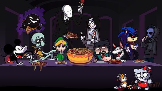 Slender Man, Ghast, video games, Steve, spaghetti, video game characters, Sonic the Hedgehog, Hello Kitty, parody, Mickey Mouse, Link, The Last Supper, Minecraft, Halloween, HD wallpaper HD wallpaper