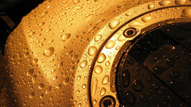 surface, gold, drops, water, HD wallpaper