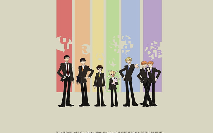 группа мужчин 3D обои, аниме, Ouran Highschool Host Club, аниме парни, радуги, HD обои