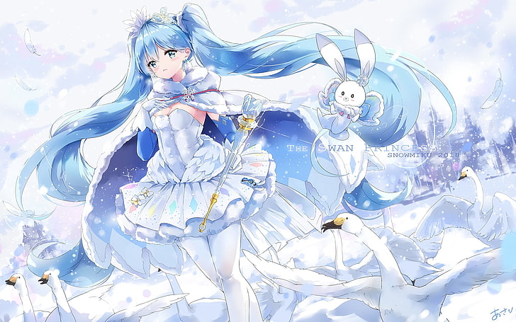 ilustrasi anime gadis berambut biru, Vocaloid, Hatsune Miku, twintails, Yuki Miku, angsa, mata biru langit, Wallpaper HD