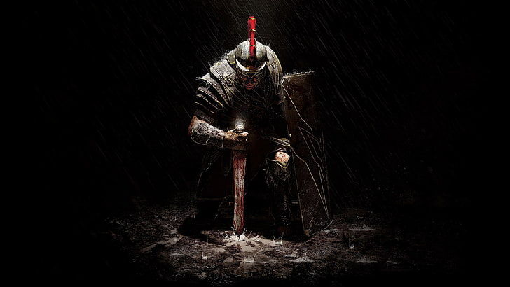knight berlutut sambil memegang pedang digital wallpaper, hujan, pedang, baju besi, prajurit, perisai, Crytek, Microsoft Game Studios, Ryse: Son of Rome, Marius Titus, Wallpaper HD