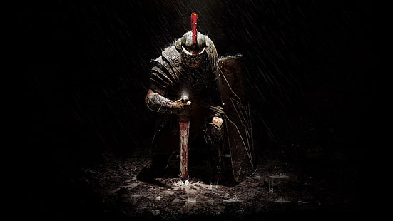 рыцарь на коленях, держа меч цифровые обои, дождь, меч, броня, воин, щит, Crytek, Microsoft Game Studios, Ryse: Сын Рима, Мариус Титус, HD обои HD wallpaper