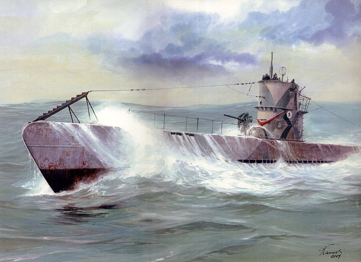 brown battleship painting, sea, wave, squirt, war, boat, figure, art, underwater, diesel, German, electric, type I, HD wallpaper