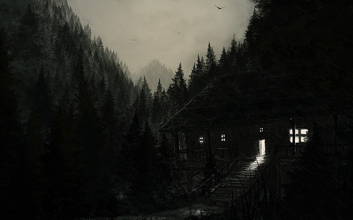 cabine marrom cercada por árvores pintura, casa, arte de fantasia, trabalho artístico, escuro, montanhas, floresta, assustador, árvores, casa de campo, HD papel de parede