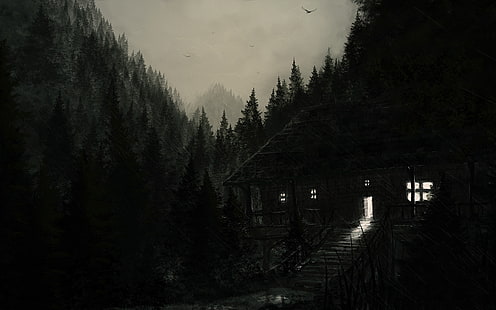 cabine marrom cercada por árvores pintura, casa, arte de fantasia, trabalho artístico, escuro, montanhas, floresta, assustador, árvores, casa de campo, HD papel de parede HD wallpaper