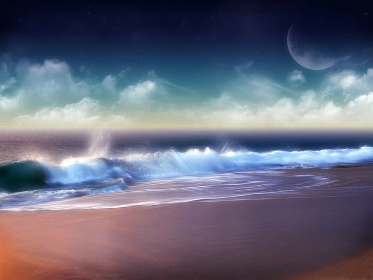 kolam renang tiup putih dan biru, seni fantasi, laut, planet, pantai, Wallpaper HD