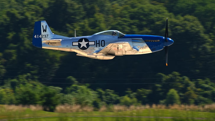 prata e monoplano azul, norte-americano P-51 Mustang, aeronaves, aviões militares, HD papel de parede