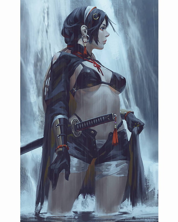 czarnowłosa kobieta wojowniczka ilustracja postaci, GUWEIZ, samuraj, miecz, katana, Tapety HD, tapety na telefon