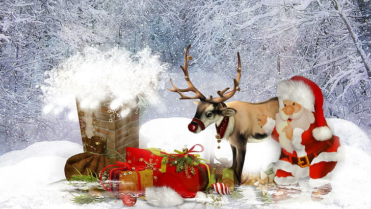 Santa His Reindeer, st nick, chimney, gifts, christmas, reindeer, santa claus, saint nicholas, trees, presents, snowing, HD wallpaper
