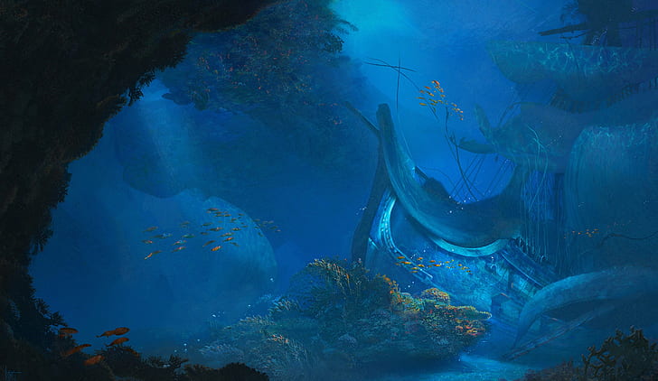 kapal, kapal karam, laut, bawah air, seni fantasi, karya seni, Wallpaper HD