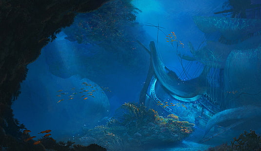 kapal, kapal karam, laut, bawah air, seni fantasi, karya seni, Wallpaper HD HD wallpaper