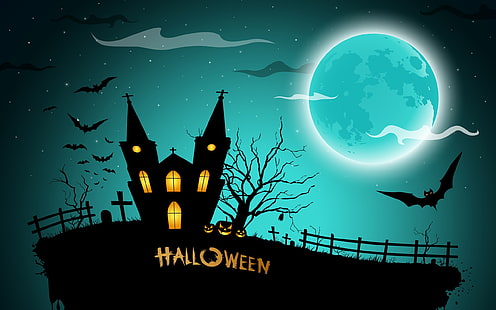 Хэллоуин, жуткая полночь, тыквы, летучие мыши, дом, полная луна, Хэллоуин, полночь, тыквы, летучие мыши, дом, полная, луна, HD обои HD wallpaper
