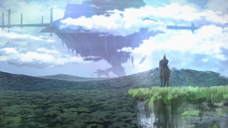 man riding on horse near floating island digital wallpaper, Sword Art Online, anime, horse, video games, HD wallpaper