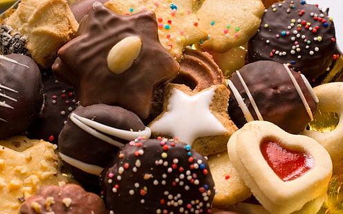 шоколадови бонбони и карамелени сладкиши, бисквитки, шоколад, пълнеж, ядки, асорти, партида, HD тапет HD wallpaper