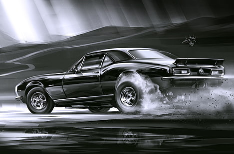 Автомобил, изкуство, черно, дим, скица, Александър Сиделников, Chevrolet Camaro SS 1969, HD тапет HD wallpaper