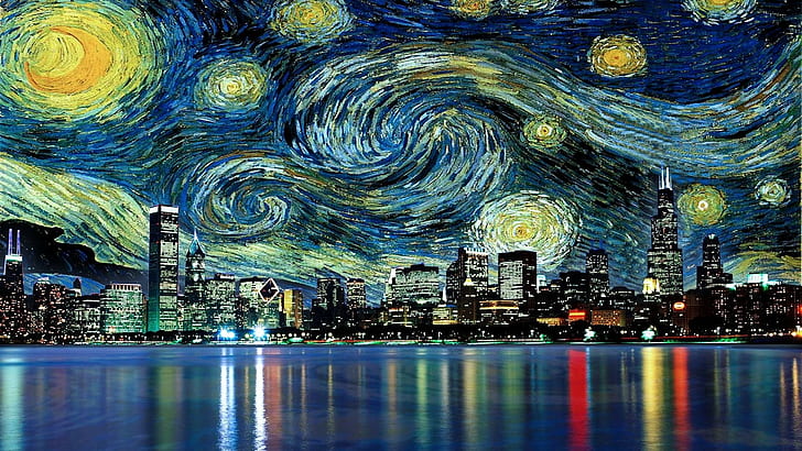 stadsbild skyskrapa reflektion målning vincent van gogh filmer vatten chicago den stjärnklara natten, HD tapet
