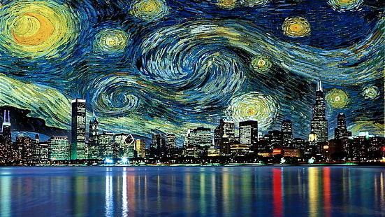 pejzaż miejski wieżowiec odbicie malarstwo vincent van gogh filmy woda chicago gwiaździsta noc, Tapety HD HD wallpaper