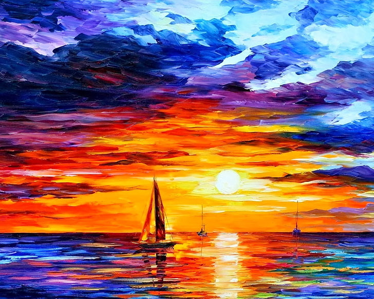 boat, Colorful, Leonid Afremov, painting, sea, sunset, HD wallpaper