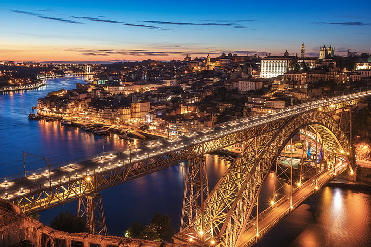 日没、橋、川、ポルトガル、夜の街、ヴィラノヴァデガイア、ポルト、港、川ドゥエロ、ドウロ川、ドンルイスI橋、ポンテデドンルイスI、 HDデスクトップの壁紙