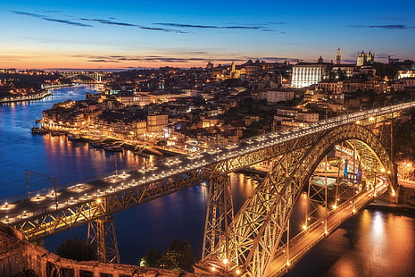 zachód słońca, most, rzeka, Portugalia, miasto nocą, Vila Nova de Gaia, Porto, port, rzeka Duero, rzeka Douro, most Dom Luís I, Ponte de don Luis I, Tapety HD HD wallpaper