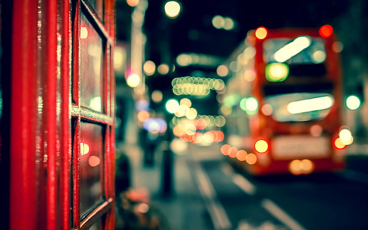 Noite da cidade na Grã-Bretanha, Grã-Bretanha, Londres, Inglaterra, Reino Unido, cidade, À noite, bokeh, close-up, ônibus, estrada, luzes, HD papel de parede