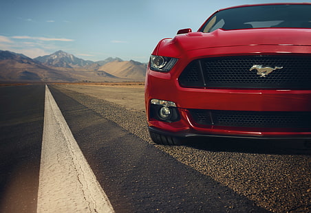 röd Ford Mustang, bil, muskelbilar, Ford, Ford Mustang, GT, röd, väg, landskap, xenon, röda bilar, HD tapet HD wallpaper