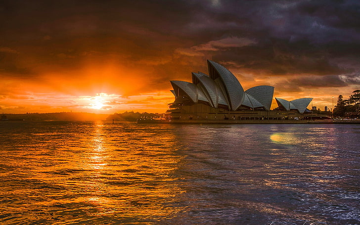 Gedung Opera Sydney, matahari terbenam, mendung, perkotaan, koreksi warna, Sydney, Wallpaper HD
