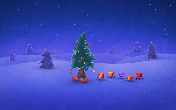 Веселая новогодняя елка, огоньки, снег, рисунок, HD обои