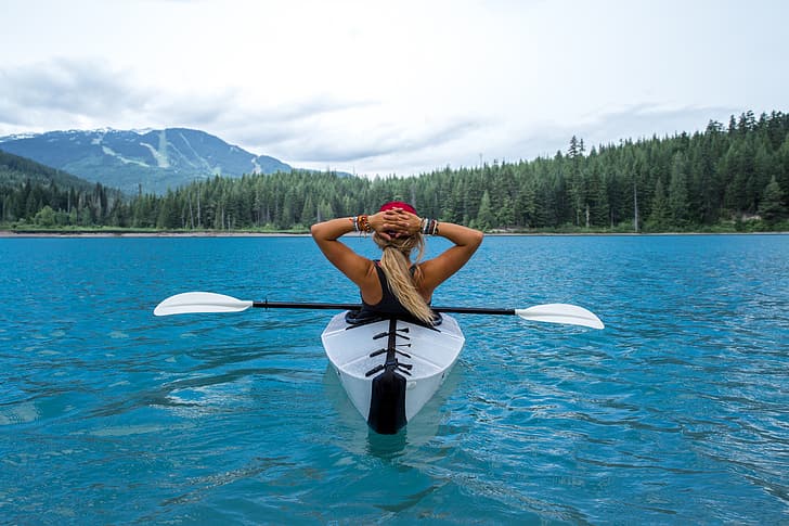 forêt, montagnes, rivière, blonde, relaxation, kayak, Fond d'écran HD
