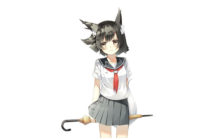 original characters, umbrella, sailor uniform, nekomimi, black hair, school uniform, anime girls, HD wallpaper