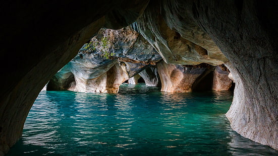 мрамор, озеро, вода, эрозия, собор, пещера, Чили, скала, пейзаж, бирюза, природа, HD обои HD wallpaper