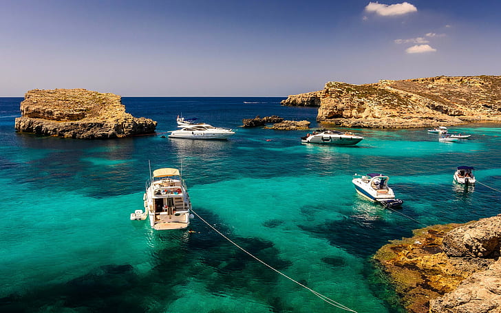 Malta, yachts, Malta, yachts, Ocean, rocks, summer, HD wallpaper