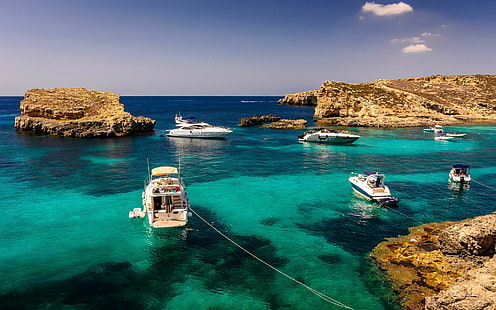 Малта, яхти, Малта, яхти, океан, скали, лято, HD тапет HD wallpaper