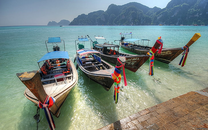 Thaïlande port 4 bateaux longtail-Windows 10 Desktop .., Fond d'écran HD