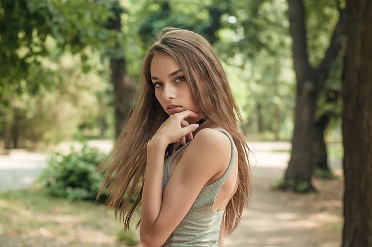 girl, face, sweetheart, model, Mike, touch, summer, brown hair, handle, beautiful, the beauty, shoulders, cute, the expression, street, beauty, feeling, nice, bokeh, amazing, lips, perfect, hair, gentle, cool, wonderful, outdoor, expressive, Catherine Podbereznaya, HD wallpaper
