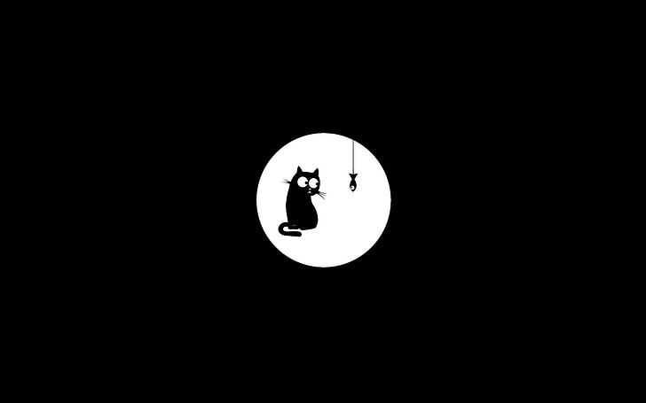 фон, чёрный, кошки, нарисованные, рыба, минималистичный, монохромный, HD обои