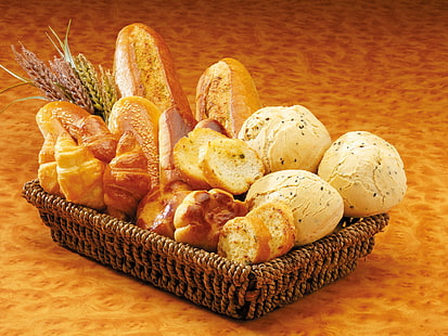 хлеб, хлеб, корзина, выпечка, набор, HD обои HD wallpaper
