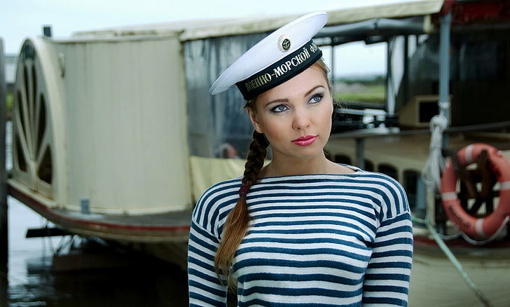 women's white and black striped top, sailor, pigtail, vest, the cap, HD wallpaper