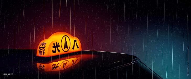Romain Trystram, digitale Kunst, Neon, Lichter, Regen, Tokio, HD-Hintergrundbild